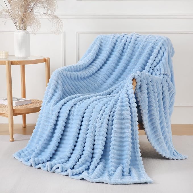 Light Blue Throw Blanket for Couch Sofa 50x70 inches Striped Design | Fleece by Unknown