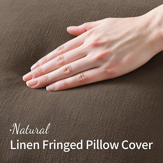 MIULEE Linen Fringe Decorative Fall Pillow Covers Chocolate Brown 20x20 | Set - Image 2