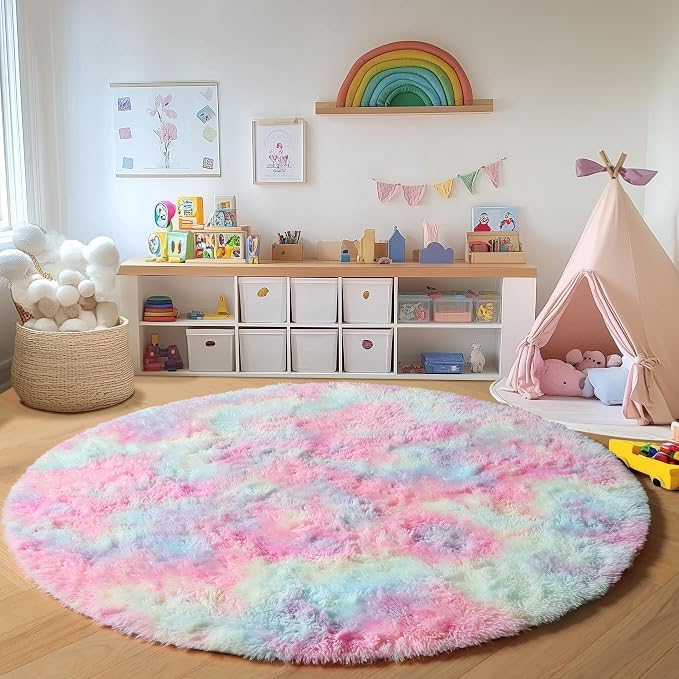 Rainbow Round Rugs 6ft for Living Room Bedroom, Fluffy Circle Area Rug for Kids by ONASAR
