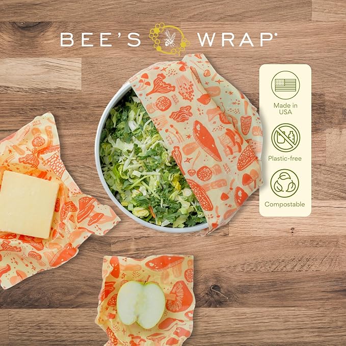 Bee's Wrap Beeswax Wraps for Food - Made in USA Reusable & Organic Food Wraps, Sandwich Wrap & Bowl Covers - Eco-Friendly Alternative to Aluminum Foil & Plastic Wrap, Mushroom Magic 3 Pack (S, M, L)