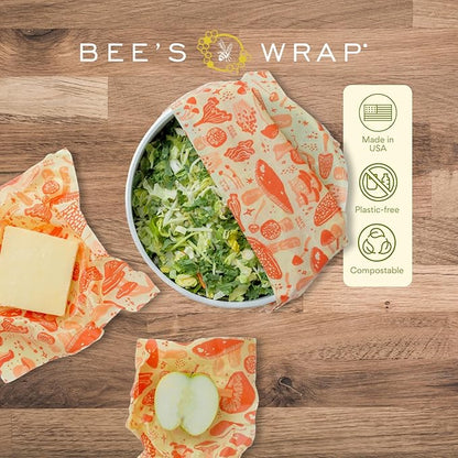 Bee's Wrap Beeswax Wraps for Food - Made in USA Reusable & Organic Food Wraps, Sandwich Wrap & Bowl Covers - Eco-Friendly Alternative to Aluminum Foil & Plastic Wrap, Mushroom Magic 3 Pack (S, M, L)