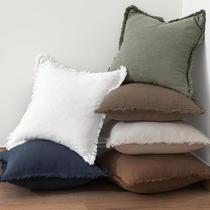 MIULEE Linen Fringe Decorative Fall Throw Pillow Covers Cocoa Brown 20x20 | Set - Image 5