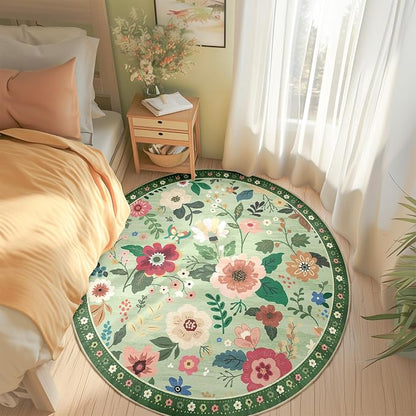RELEANY Floral Washable Round 4ft Area Rug LightGreen | Flower Carpet Print - Image 6