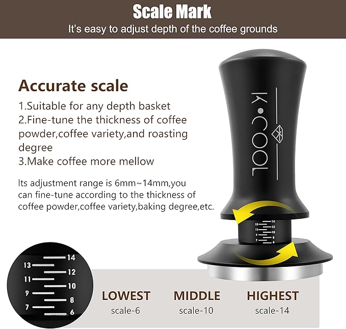 K COO Espresso Tamper, Premium Barista Tools Coffee Tamper with Calibrated Spring 30lb, 100% Stainless Steel Flat Base Tamper with Scale Mark Fits for Breville 54mm Portafilter Basket (53mm, Black)