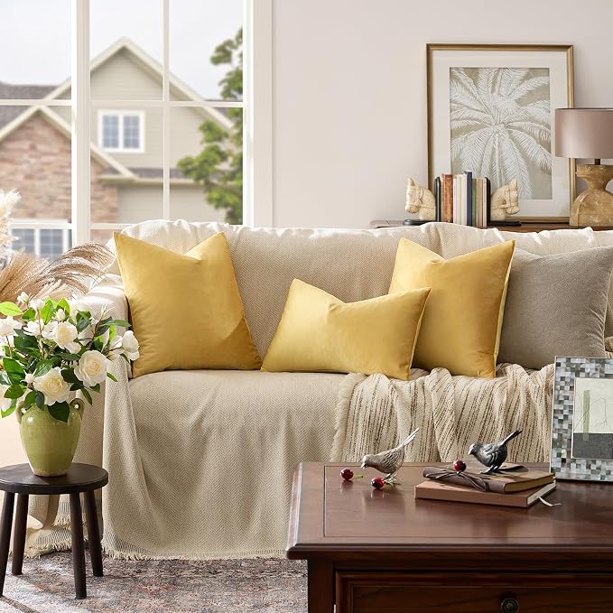GIGIZAZA Yellow Velvet Pillow Covers 18x18 Decorative Pillows Pack of 2 | Throw - Image 2