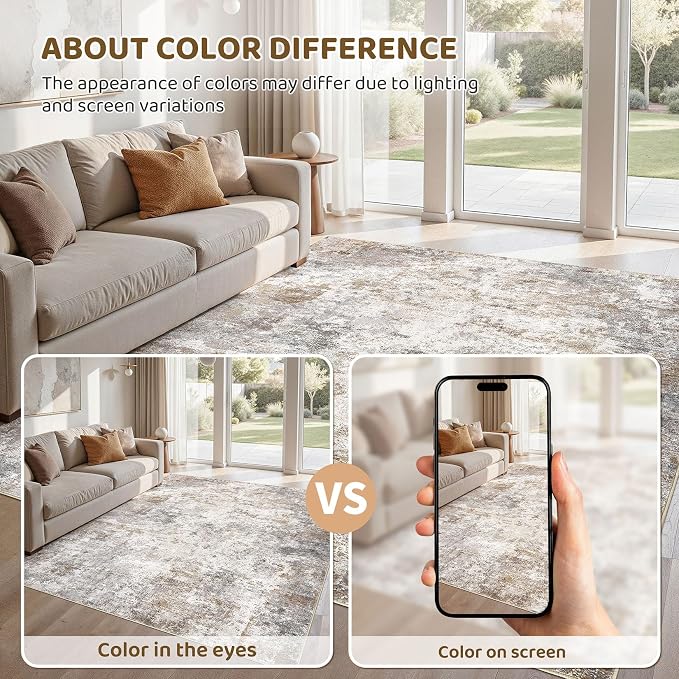 UERMEI 5x8 Area Rug Living Room Rugs Washable Neutral Brown Grey Carpet | - Image 4