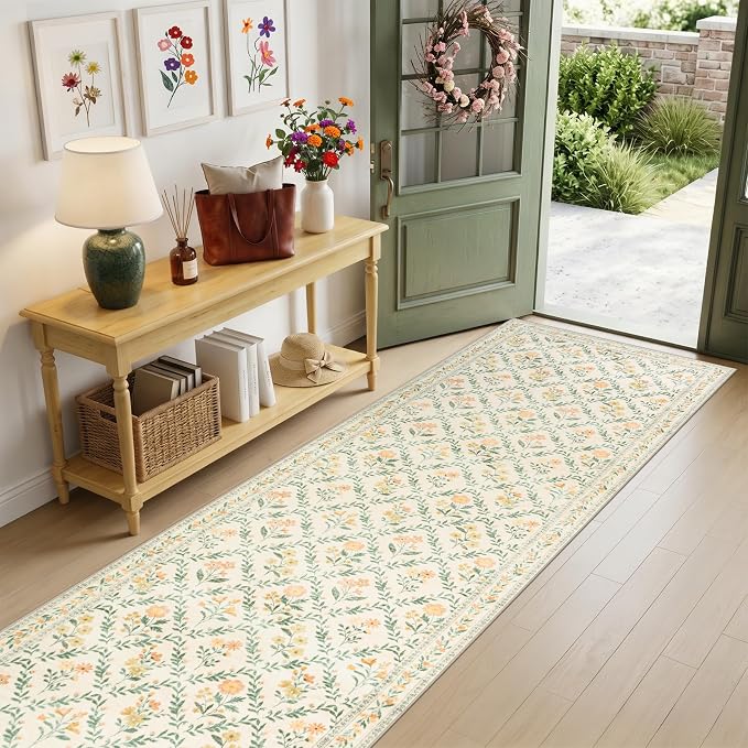 PLHXFR 2.6x10 Washable Runner Rug：Floral Indoor Kitchen Carpet Beige Multi | - Image 2