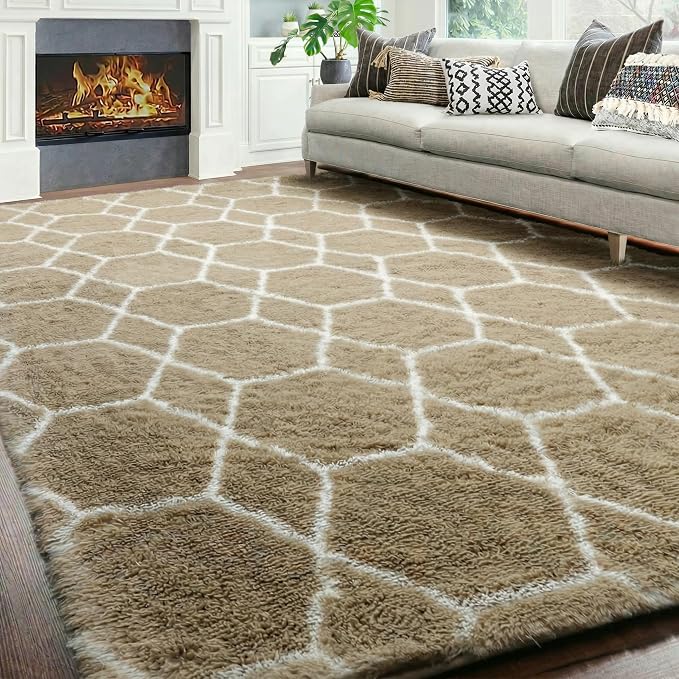 Area Rugs for Living Room, 7x10 Fluffy Beige and White Modern Bedroom Rug | by ONASAR