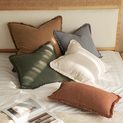 MIULEE Linen Fringe Decorative Euro Throw Pillow Covers Olive Green 22x22 | Set - Image 5