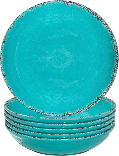 Farmhouse Melamine Pasta Bowls Set of 6, 42 OZ Shallow Individual Bowl, Melamine Pasta Plates and Salad Bowls sets, Dishwasher Safe Serving,Snack bowl,Fruit Bowl, Teal