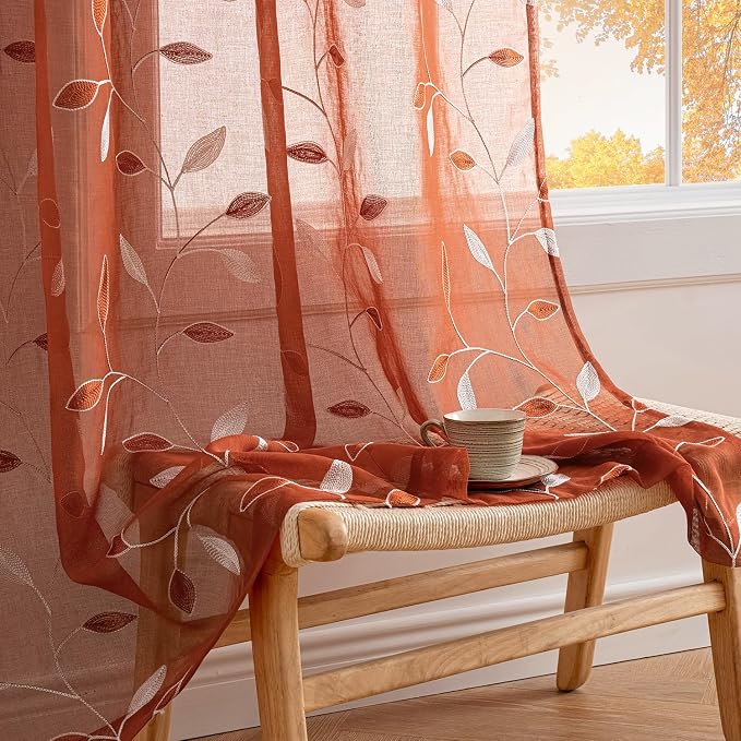 MIULEE Terracotta Sheer Fall Leaf Curtains Burnt Orange 2 Panels 52"x96" | by MIULEE