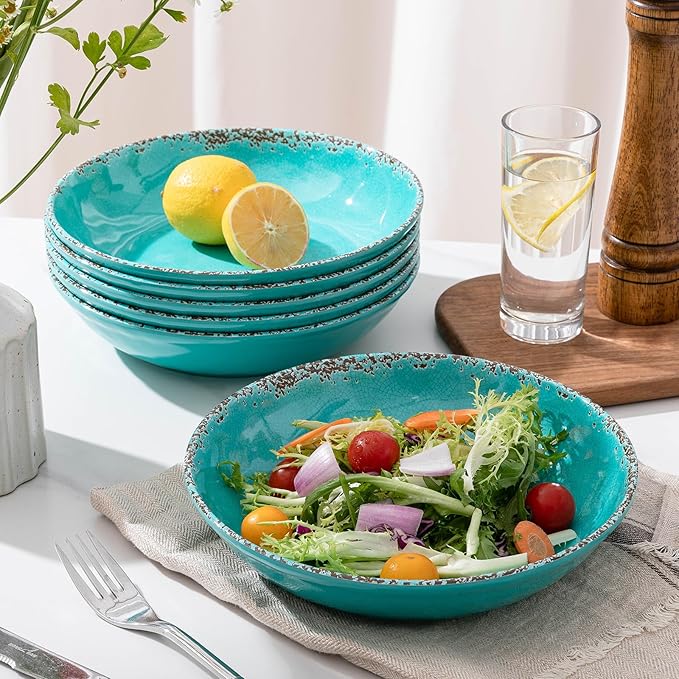 Farmhouse Melamine Pasta Bowls Set of 6, 42 OZ Shallow Individual Bowl, Melamine Pasta Plates and Salad Bowls sets, Dishwasher Safe Serving,Snack bowl,Fruit Bowl, Teal