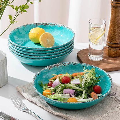 Farmhouse Melamine Pasta Bowls Set of 6, 42 OZ Shallow Individual Bowl, Melamine Pasta Plates and Salad Bowls sets, Dishwasher Safe Serving,Snack bowl,Fruit Bowl, Teal
