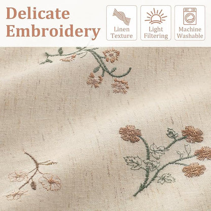 Floral Embroidered Light Filtering Curtains 72 Inch 2 Panels | Linen Blend - Image 3