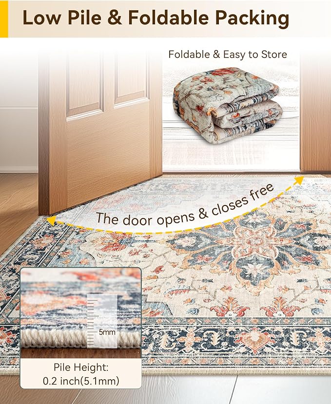 RELEANY Washable Area Rug, Water Repellent, Pet Friendly, Vintage Floral Boho - Image 4