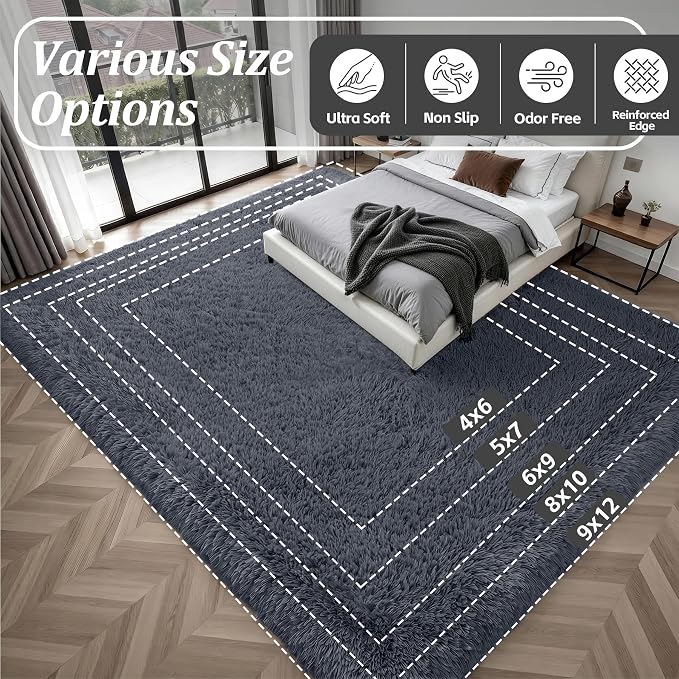 8x10 Area Rug Living Room Bedroom: Fluffy Plush Shag Carpet Grey | - Image 9
