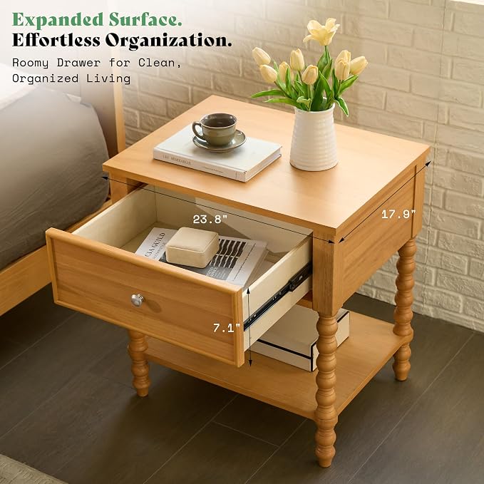 AMERLIFE 24" Wood Nightstand, Vintage Bedside Table - Image 6