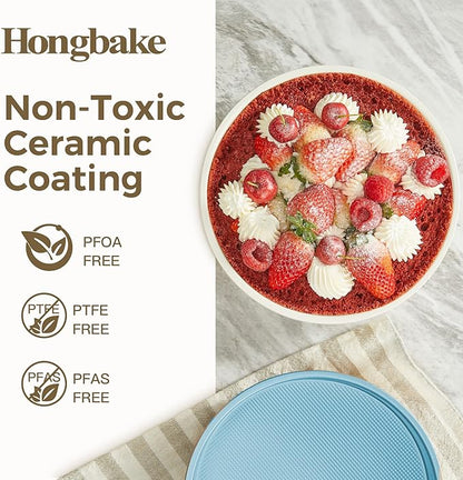 HONGBAKE 9 Inch Round Cake Pan Set of 2, Nonstick Ceramic Coating Cake Molds with Diamond Texture, Aluminized Steel Cake Pans Sets for Baking & Cheesecake, Heavy Duty & Non-Toxic (Light Blue, 2PCS)