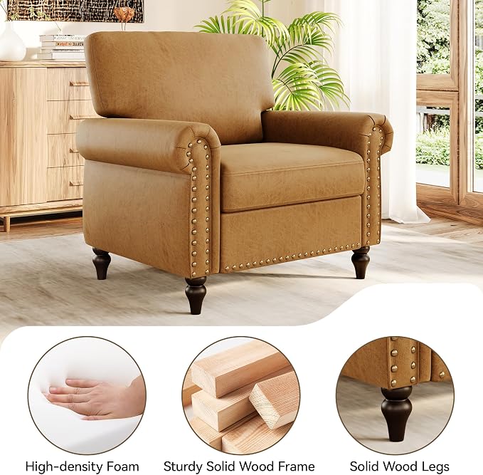 Nailhead Trim Accent Chair, Faux Leahter Mid Century Modern Living Room Arm - Image 4