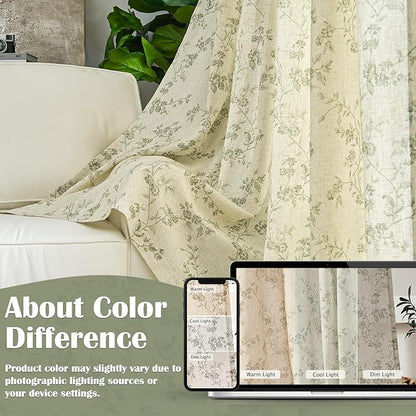 Green Vintage Floral Linen Curtains Farmhouse 38W X 63L 2 Panels | Elisa Series - Image 6