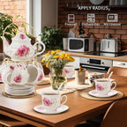 20-Pieces Tea Set For Adult with Golden Metal Rack,Porcelain Tea Sets For Women,Tea Gift Sets for Home&Party(015)
