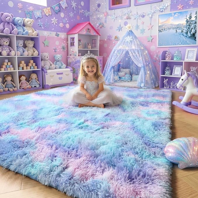 Amdrebio Purple Rainbow Mermaid Furry Kids Area Rug 5x8 - Image 3