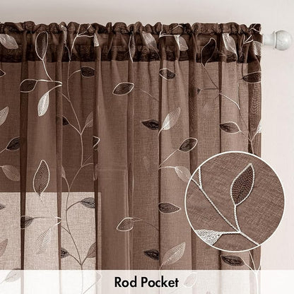 MIULEE Chocolate Brown Sheer Curtains 2 Panels Leaf Patterned, W52 x L96 | - Image 6