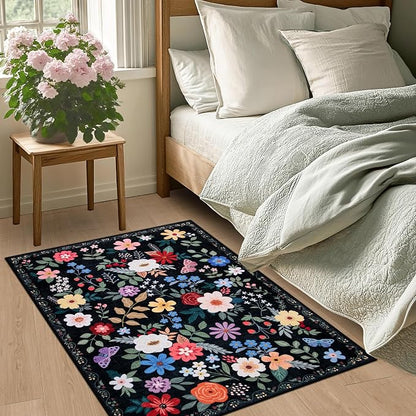 PLHXFR 2x3 Small Entryway Rug: Floral Washable Indoor Soft Carpet Black | - Image 3