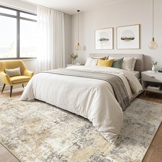 LOONGRUG 3x5 Rug Washable Neutral Modern Abstract Soft Rug Grey Gold | Stain - Image 4