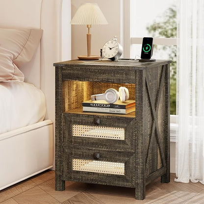 Farmhouse Night Stand with Gun Drawer, Bedside Table with Charger Station - Image 7