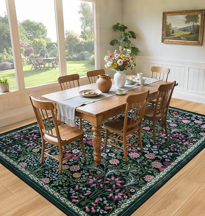 PLHXFR Area Rug Living Room: 4x6 Floral Washable Boho Carpet Dark Green | - Image 4