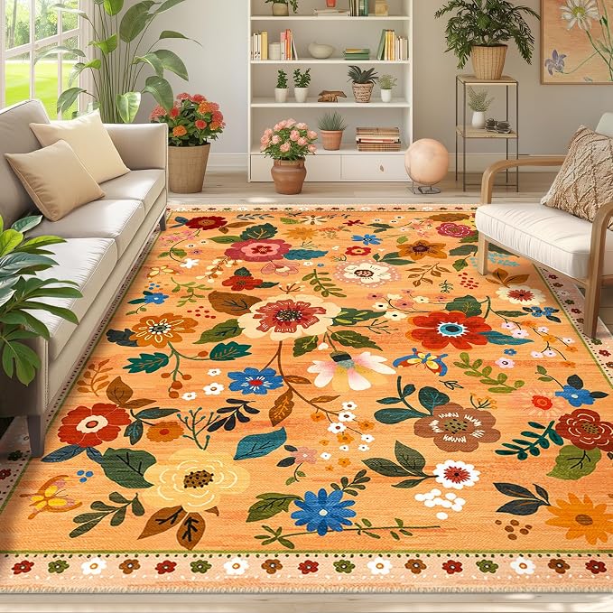 RELEANY Floral Washable 8x10 Area Rugs Yellow/Orange/Red | Flower Carpet Print - Image 2