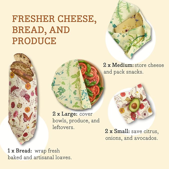Bee's Wrap Beeswax Wraps for Food - Made in USA Reusable & Organic Food Wraps & Bowl Covers - Eco-Friendly Alternative to Aluminum Foil & Plastic Wrap, Assorted 7 Pack Vegan (2S, 2M, 2L, & 1 Bread)