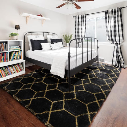 Area Rugs for Bedroom Living Room, 4x6 Fluffy Black and Gold Geometric Rug | - Image 8