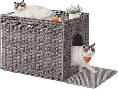 Feandrea Cat Litter Box Enclosure, Handwoven Rattan Hidden Litter Box Furniture by FeandreabySONGMICSHOME