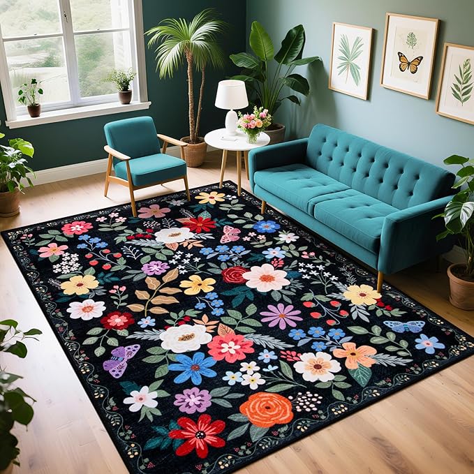 PLHXFR Area Rug Living Room: 5x7 Floral Washable Boho Soft Carpet Black | by PLHXFRSoftAreaRugs