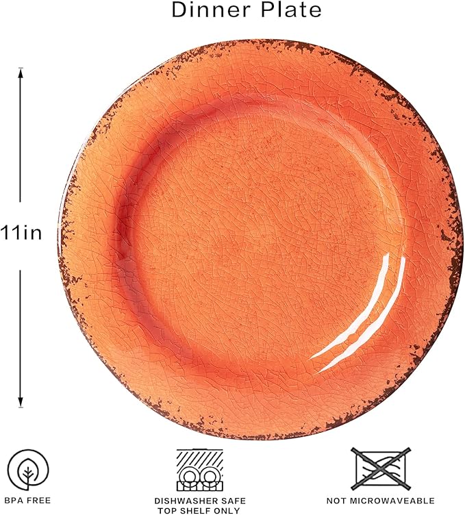 LEHAHA Rustic Farmhouse Melamine Dinner Plates Set of 6, 11 inch Lightweight Camper RV Dishes, Indoor and Outdoor Use, Reusable, Sturdy and Dishwasher Safe, Orange