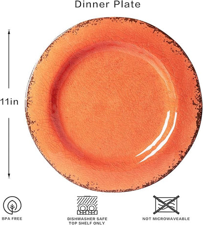 LEHAHA Rustic Farmhouse Melamine Dinner Plates Set of 6, 11 inch Lightweight Camper RV Dishes, Indoor and Outdoor Use, Reusable, Sturdy and Dishwasher Safe, Orange