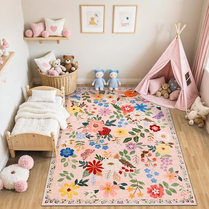 PLHXFR Area Rug 10x12 Living Room: Floral Washable Boho Soft Carpet Beige | - Image 5