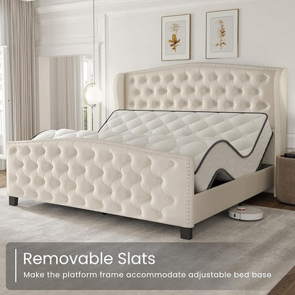 LARMACE Queen Size Bed Frame Velvet Upholstered Platform Bed - Image 9