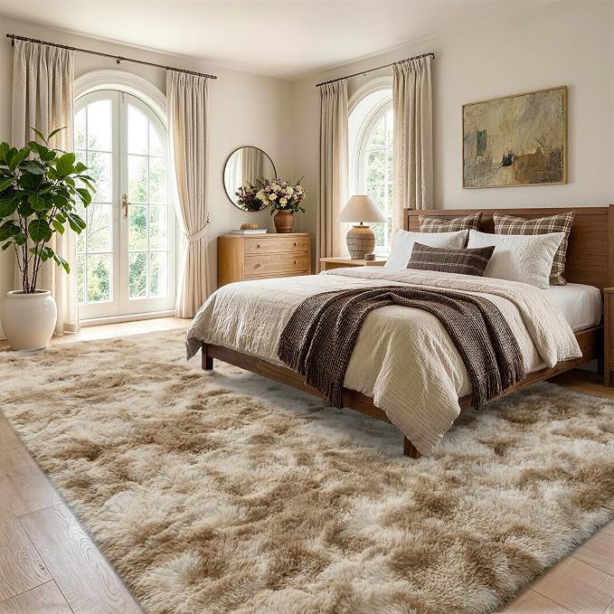 6x9 Large Tie-Dyed Beige Fluffy Area Rug Non-Slip - Image 3