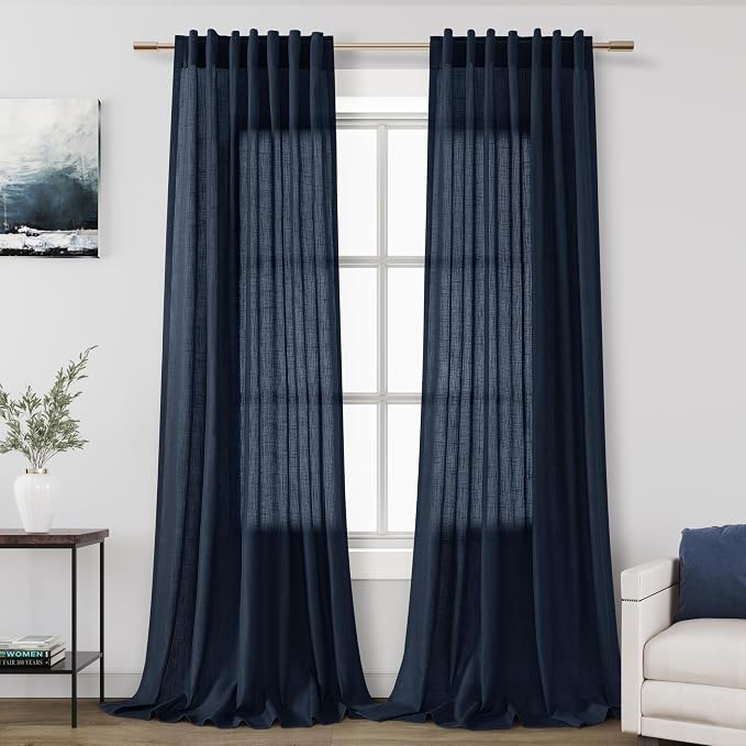 Navy Blue Linen Curtains 96 inches Long by Nanspring