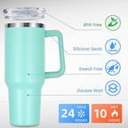 DOMICARE 40 oz Tumbler with Handle and Straw, Stainless Steel Tumbler with Lid and Straw, Reusable Vacuum Insulated Cup, Travel Coffee Mug, Mint Green, 1Pack