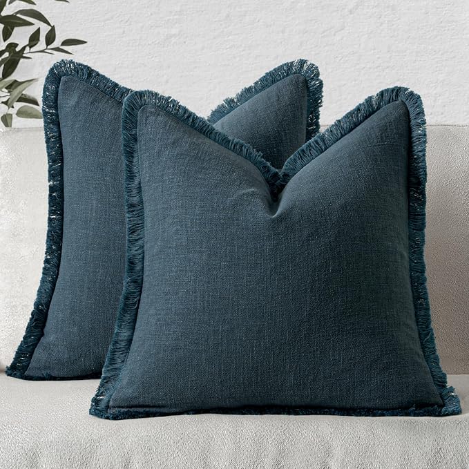 MIULEE Linen Fringe Decorative Euro Throw Pillow Covers Navy Blue 24x24 | Set by MIULEE