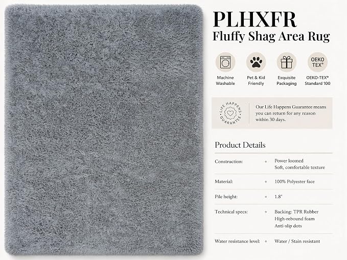 PLHXFR 9x12 Area Rugs Living Room: Fluffy Bedroom Rug Shag Carpet Grey | - Image 4