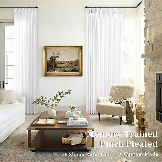 White Pleated Linen Curtains 108 Inches Long Extra Long Semi Sheer | Light - Image 2