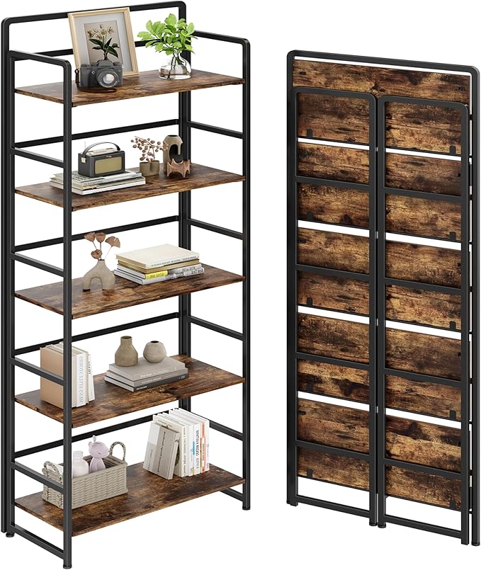 No Assembly Folding Bookshelf, 5 Tiers Collapsible Book Shelf by THKKYHomeOfficeFurniture