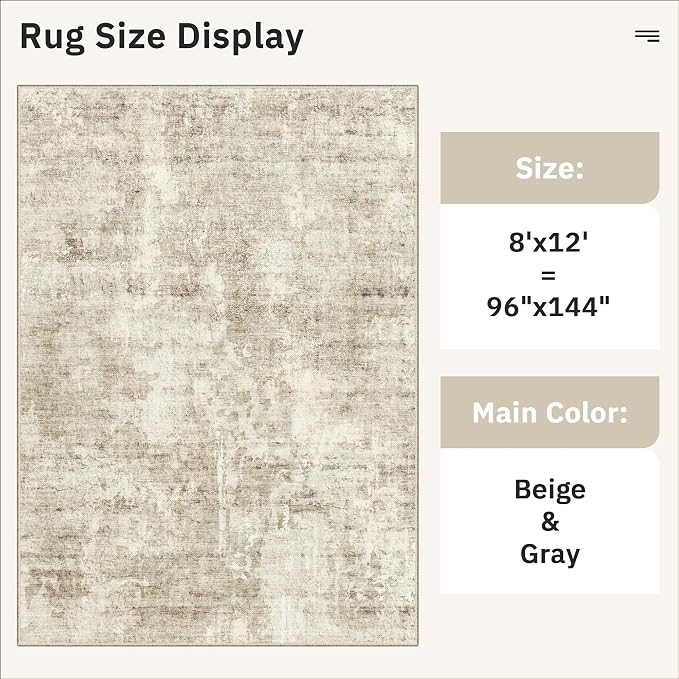 Soalmost Abstract Rug 8x12 Large Living Room Area Rugs Washable Beige/Gray | - Image 5