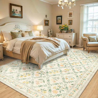 PLHXFR Area Rug 10x12 Living Room: Floral Washable Boho Carpet Beige Multi | - Image 3