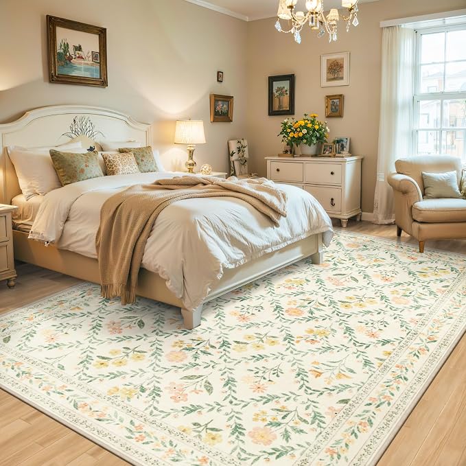 PLHXFR Area Rug Living Room: 4x6 Floral Washable Boho Carpet Beige Multi | - Image 3